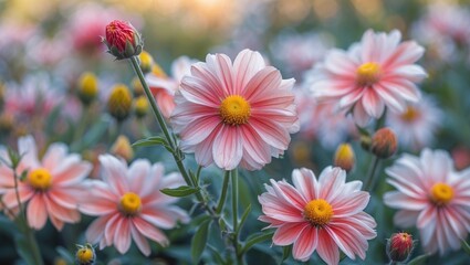 Aufkleber - Pink and white daisies in a lush garden setting with green foliage and soft sunlight, Copy Space