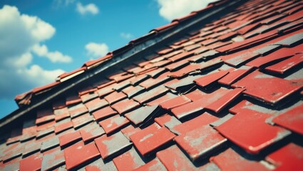 Poster - Weathered red and gray roof shingles with blue sky and clouds in the background showing texture and aging of materials Copy Space