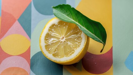 Poster - Fresh lemon half with green leaf on colorful geometric background, vibrant colors and textures, ideal for food and beverage photography, Copy Space