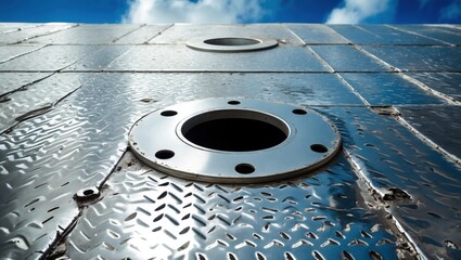 Poster - Metal surface with circular openings against a blue sky showing industrial design and texture Copy Space