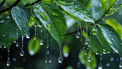 Aufkleber - Close-up of green leaves covered in rain droplets with water dripping down, natural refreshing rain ambiance, Copy Space