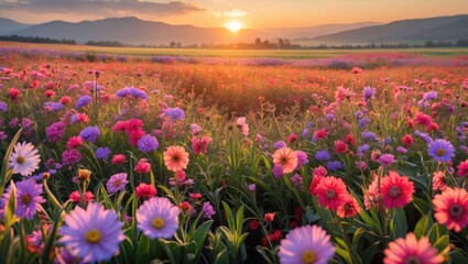 Poster - Colorful wildflower field during sunrise with mountains and a vibrant sky, ideal for nature and landscape photography, Copy Space