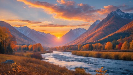 Poster - Autumn landscape with mountains river and sunset orange skies over valley Copy Space