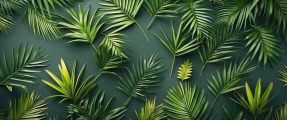 Poster - Various tropical palm leaves arranged on a green background creating a textured natural pattern with Copy Space