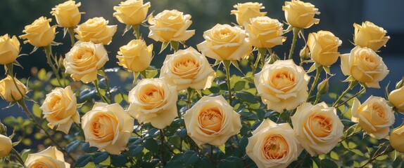 Poster - Yellow roses in full bloom surrounded by green leaves and soft natural light with Copy Space for text placement