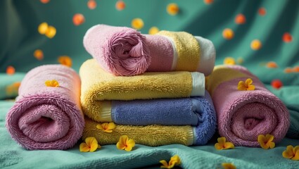 Poster - Stack of colorful rolled towels on soft fabric background with yellow flower petals scattered around, bright and inviting atmosphere with copy space