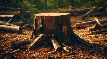 Aufkleber - Tree stump surrounded by logs in a wooded environment natural light with visible wood texture and bark details Copy Space