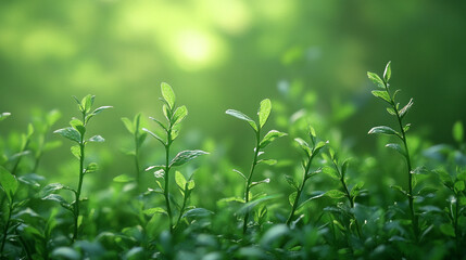 Sticker - Lush green plants bask in soft light, creating a serene and vibrant natural scene with gentle shadows. A scene of growth and tranquility.