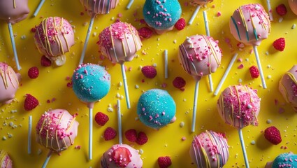 Poster - Colorful cake pops decorated with pink and blue frosting on a yellow background garnished with raspberries and sprinkles. Copy Space