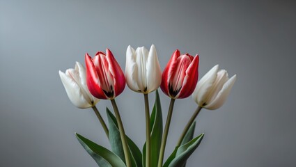Poster - Red and white tulips in a bouquet with green leaves on a gray background Copy Space