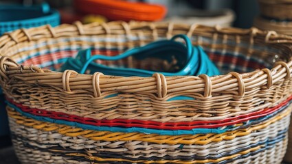Aufkleber - Colorful woven basket with blue and red decorative strands and circular handles inside, showcasing craftsmanship and texture. Copy Space