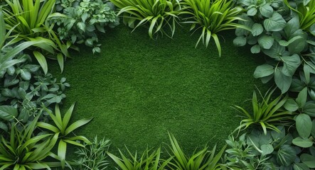 Poster - Lush green foliage frame on artificial grass surface with copy space for text or design elements