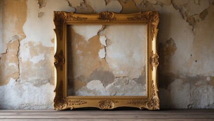 Poster - Ornate empty picture frame on weathered wall in vintage interior setting with wooden floor and peeling paint, Copy Space