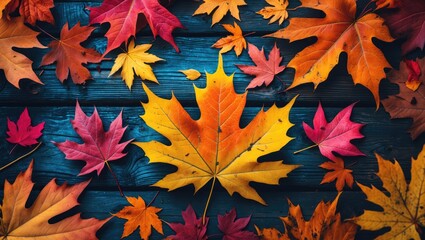 Aufkleber - Colorful autumn leaves arranged on a dark wooden surface with contrasting textures and colors, suitable for seasonal themes, Copy Space