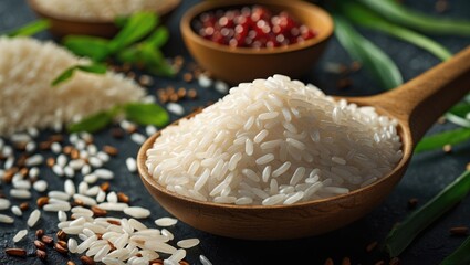 Aufkleber - Close-up of uncooked white rice in wooden spoon with scattered rice grains and bowls of red rice on dark stone background Copy Space