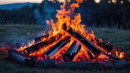 Aufkleber - Campfire with burning logs and vibrant flames in a natural outdoor setting during twilight with smoke rising in the background Copy Space