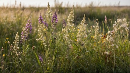 Poster - wildflower meadow with green grass and colorful purple white and yellow flowers in natural lighting 