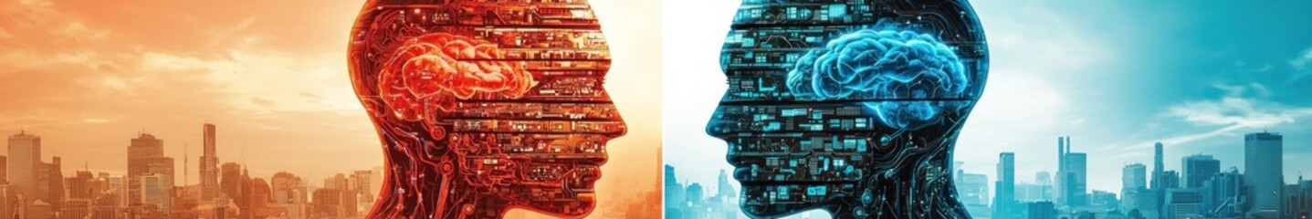 Aufkleber - Duality of Human Thoughts Represented Through Abstract Digital Heads Against Urban Skyline Background