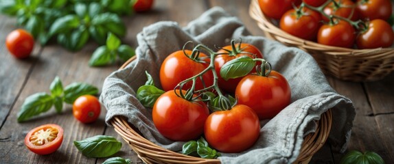 Aufkleber - Fresh ripe tomatoes with basil displayed in wicker baskets on wooden table with copy space for text