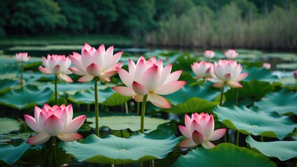 Poster - Lotus flowers blooming over a calm pond surrounded by lush greenery and lily pads with reflection on water surface Copy Space