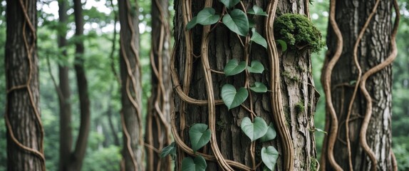 Poster - Vines and green leaves on textured tree trunk in a dense forest setting with natural light and blurred background Copy Space