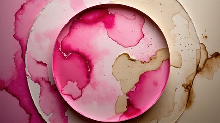 Aufkleber - Abstract circular design with pink and beige watercolor stains on textured background featuring soft gradients and hues, Copy Space