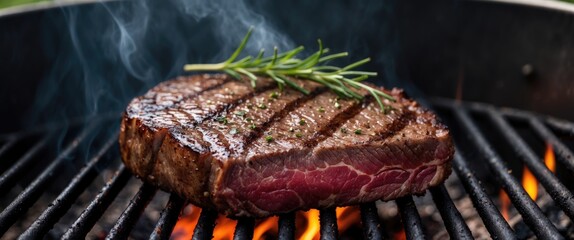 Poster - Grilled steak on barbecue grill with rosemary garnish smoke and fire visible cooking process Copy Space