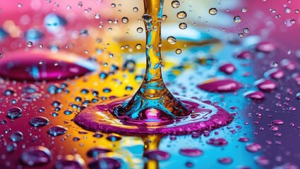 Aufkleber - Close-up of colorful water droplets and splash on vibrant background with reflections and copy space for text