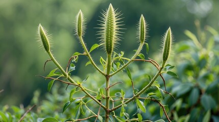 Poster - Plant with spiky seed pods surrounded by green leaves on a blurred natural background Copy Space