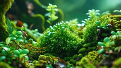 Aufkleber - Lush green forest floor with vibrant moss and small plants in natural lighting with depth of field effects Copy Space
