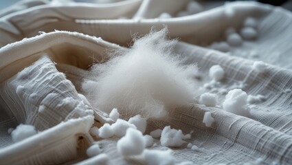 Poster - Fluffy white cotton fibers scattered on textured light fabric background with soft shadows and details, Copy Space
