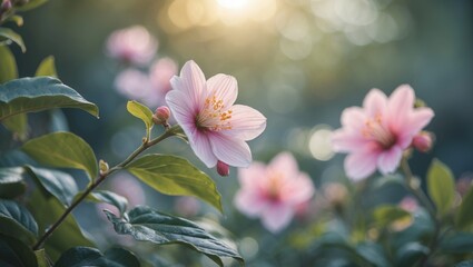 Poster - pink flowers blooming on a branch with soft green leaves in a natural outdoor setting with blurred b