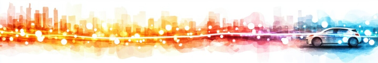 Poster - Vibrant City Skyline with Modern Car and Colorful Light Trails at Sunset or Sunrise