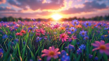 Poster - Colorful wildflower field at sunset with vibrant petals and soft focus on sunlight illuminating the landscape Copy Space