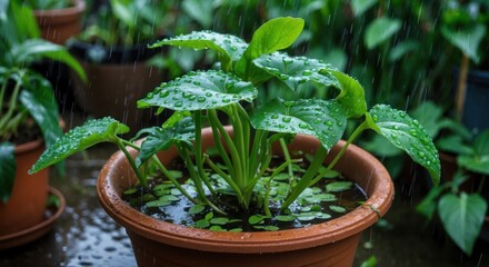 Aufkleber - Green potted plant with water droplets on leaves in rain, surrounded by other pots, natural light setting, Copy Space