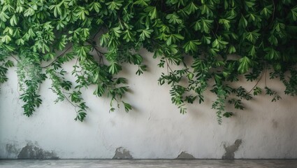 Poster - Green leafy vines hanging over a textured wall with concrete floor creating a natural background scene with Copy Space
