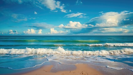 Aufkleber - Tranquil beach landscape with gentle waves and dramatic clouds under a clear blue sky Copy Space