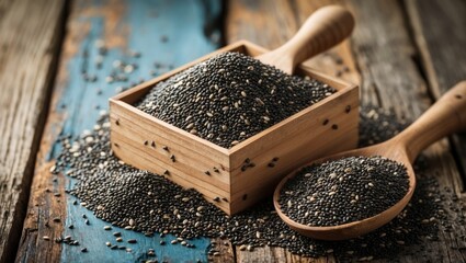 Aufkleber - Black chia seeds in a wooden box and two wooden spoons on rustic wooden table with copy space for text or product placement
