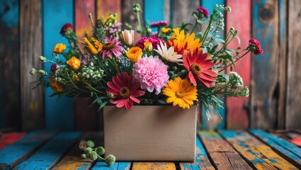Poster - Vibrant bouquet of assorted flowers in a cardboard box on a colorful wooden background with copy space for text