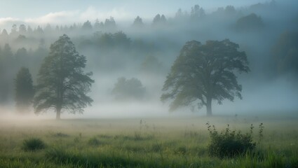 Poster - Misty landscape with trees in fog at dawn over a grassy field with soft light and atmospheric depth Copy Space