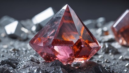 Poster - Close-up view of a large red crystal with sharp edges surrounded by smaller reflective metallic stones on a dark surface with Copy Space