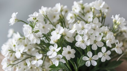 Poster - Bouquet of small white flowers with green foliage arranged on a light background Copy Space