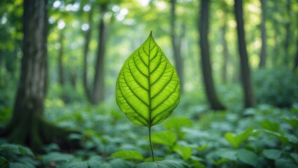 Poster - Close-up of a green leaf with visible vein structure in a forest setting, blurred background of trees and plants, nature theme, Copy Space