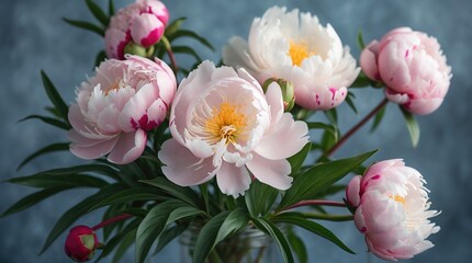 Poster - Pink Peony Flowers in a Vase with Green Leaves on Blue Background Copy Space