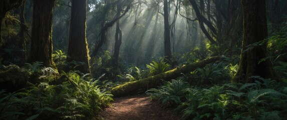 Poster - Misty forest landscape with sunlight filtering through trees and lush greenery in a serene natural environment with path and copy space