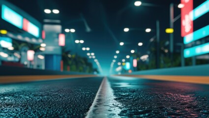 Poster - Nighttime city street perspective with wet asphalt, illuminated by neon signs and streetlights, with blurred buildings in background, Copy Space.