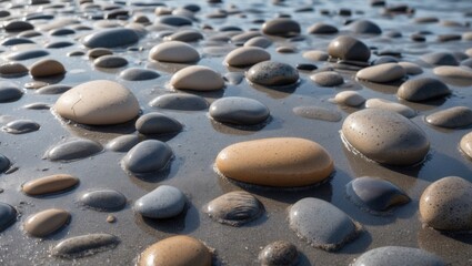 Aufkleber - Colorful pebbles on wet sandy beach with sunlight reflections and shallow water creating a tranquil natural landscape Copy Space