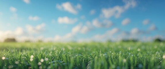 Poster - Fresh green grass with dewdrops under a blue sky with soft clouds and natural light Copy Space