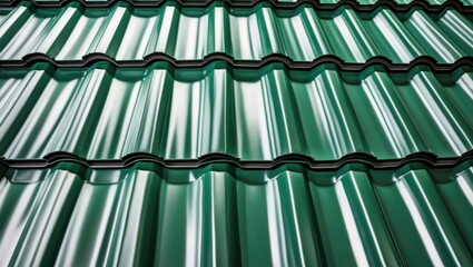 Poster - green metallic roof tiles in an overlapping pattern with glossy surface reflecting light, suitable f