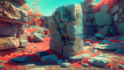 Poster - Textured stone monolith surrounded by colorful foliage and scattered rocks in a serene natural landscape with clear blue sky. Copy Space